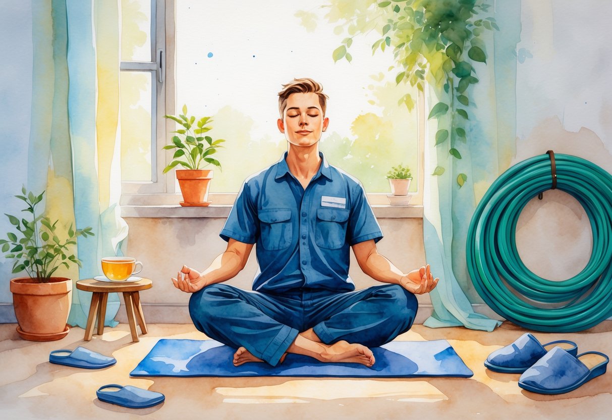 An HVAC technician sitting cross-legged on a yoga mat in a peaceful room, meditating with eyes closed surrounded by relaxing objects like a plant and a cup of tea.