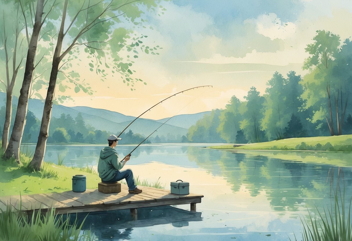 A person fishing peacefully on a wooden dock by a calm lake surrounded by trees and hills in a quiet outdoor setting.