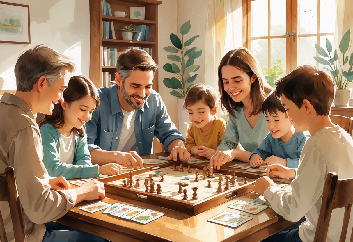 A family gathered around a table playing a strategy board game together in a cozy living room.