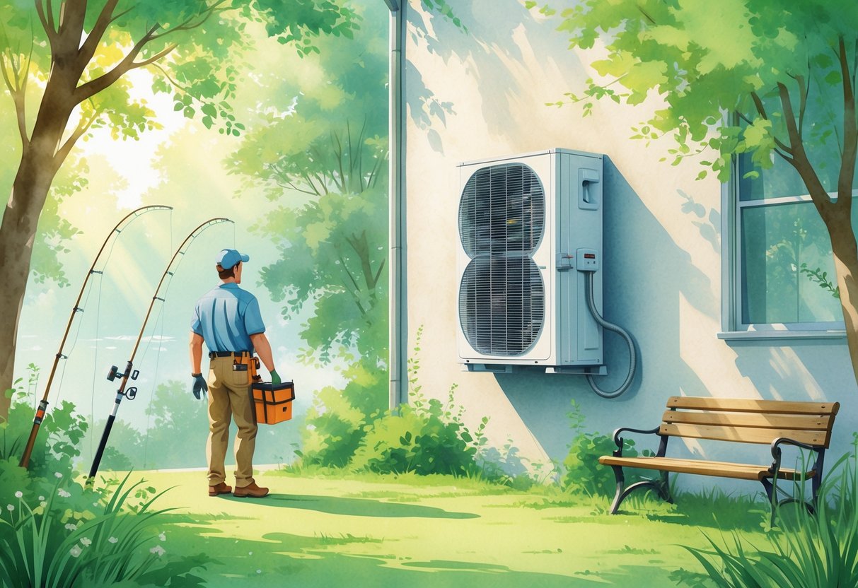 An HVAC technician standing outdoors near an air conditioning unit with trees and greenery around, alongside a fishing rod, bicycle, and sketchbook nearby.