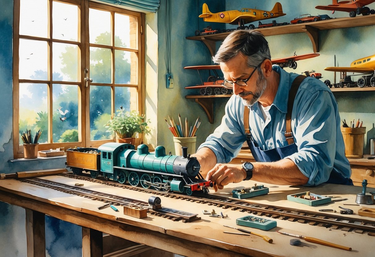 An indoor scene showing a person working on a model train at a wooden table surrounded by miniature planes and trains on shelves.