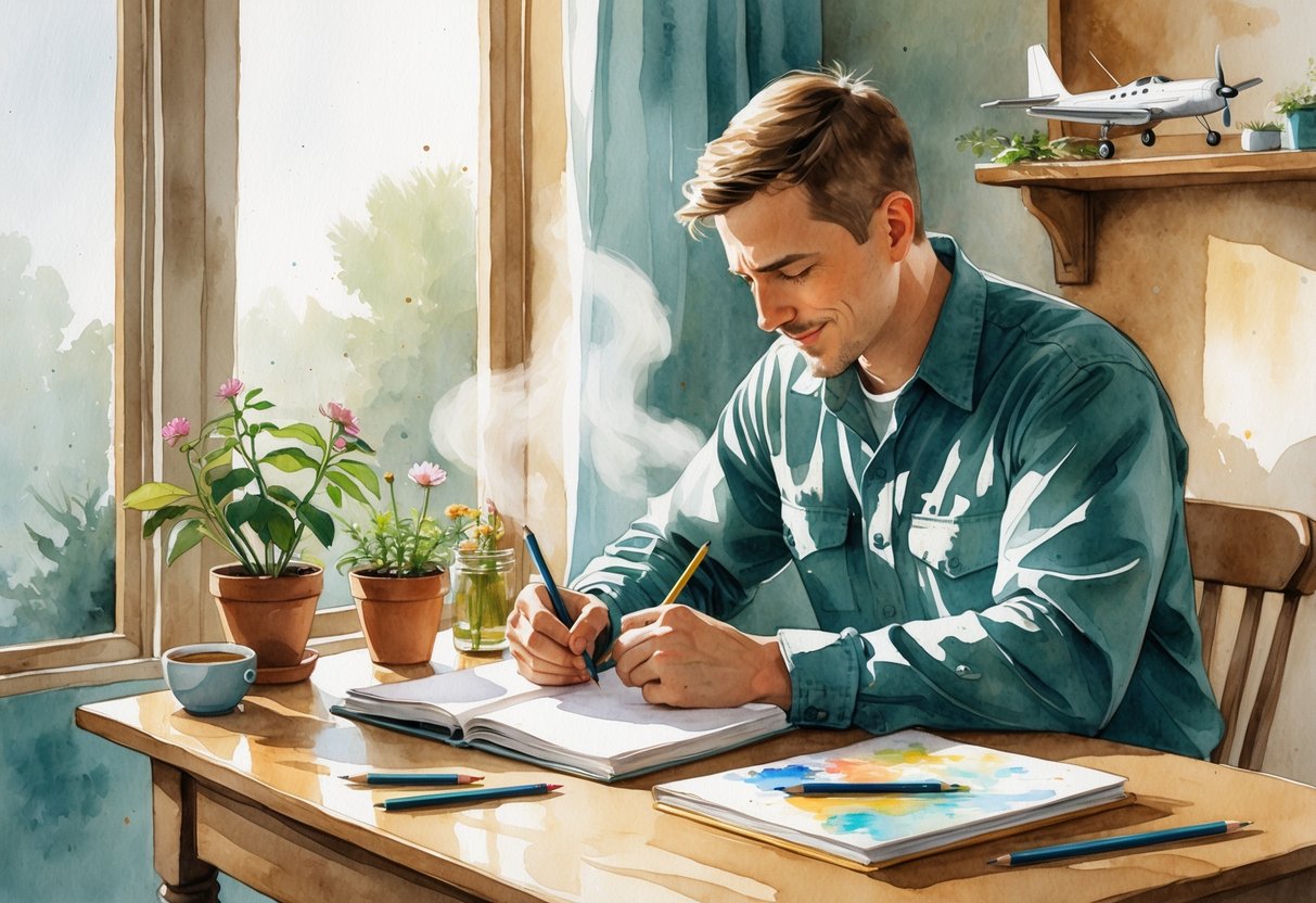 A person sitting at a desk by a window, writing in a notebook surrounded by items like plants, tea, gardening gloves, colored pencils, and a model airplane.