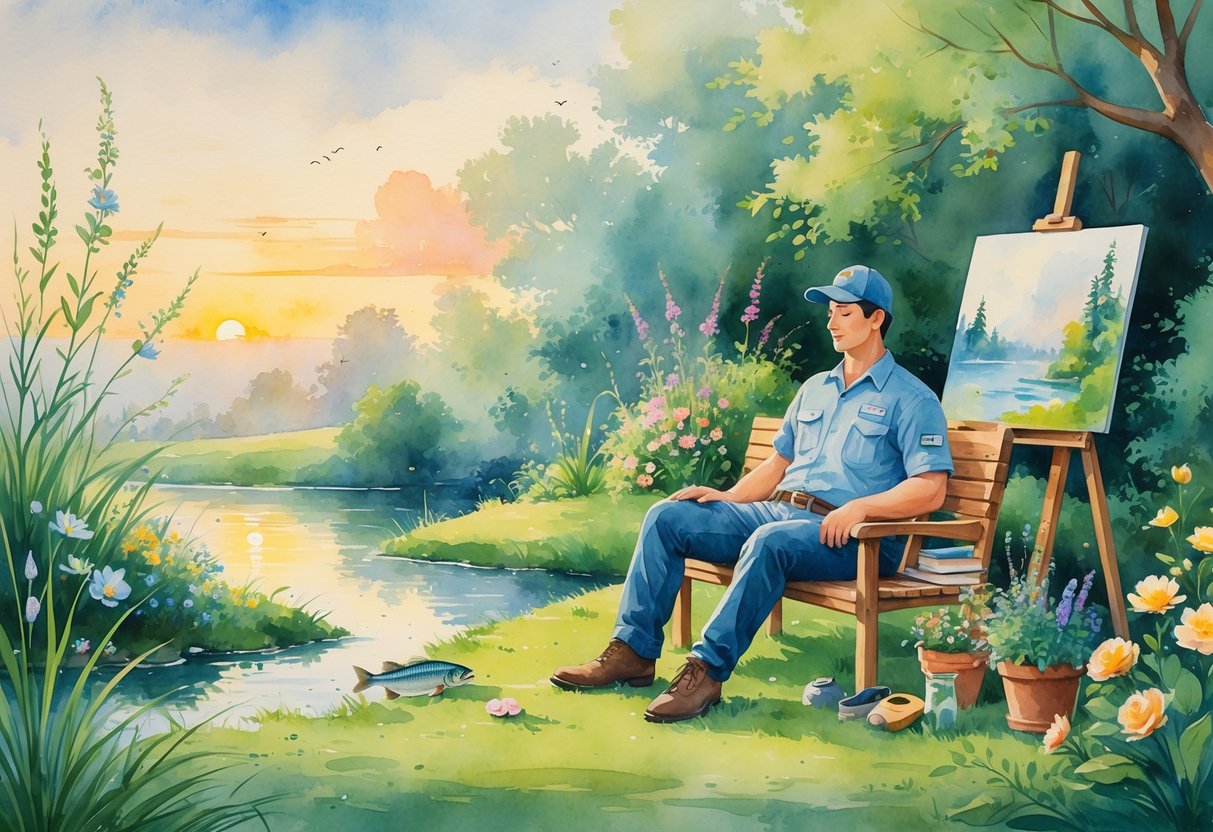 An HVAC technician relaxing outdoors surrounded by fishing gear, a book, painting supplies, garden plants, and a guitar in a peaceful garden during sunset.