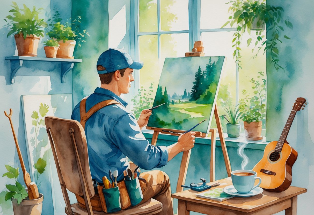 A person relaxing indoors, painting on a canvas with various hobby items like a guitar, model airplane, and plants around them.