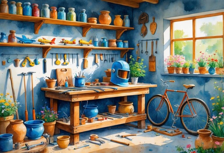 A workshop filled with tools and projects including model airplanes, woodworking, leathercraft, pottery, fishing gear, gardening tools, metal sculptures, a barbecue grill, a bicycle being repaired, and sketchbooks.