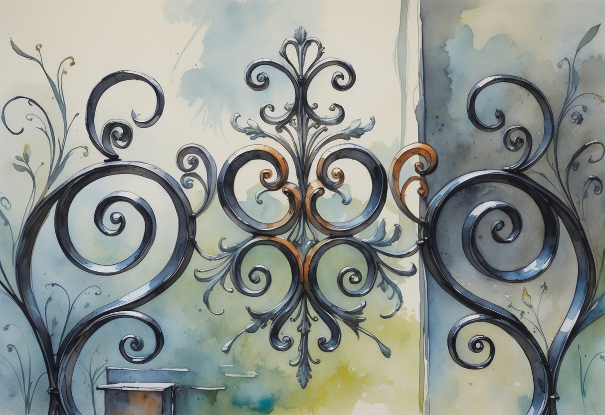 An ornamental ironwork piece with intricate swirling patterns and floral designs set against a soft background.