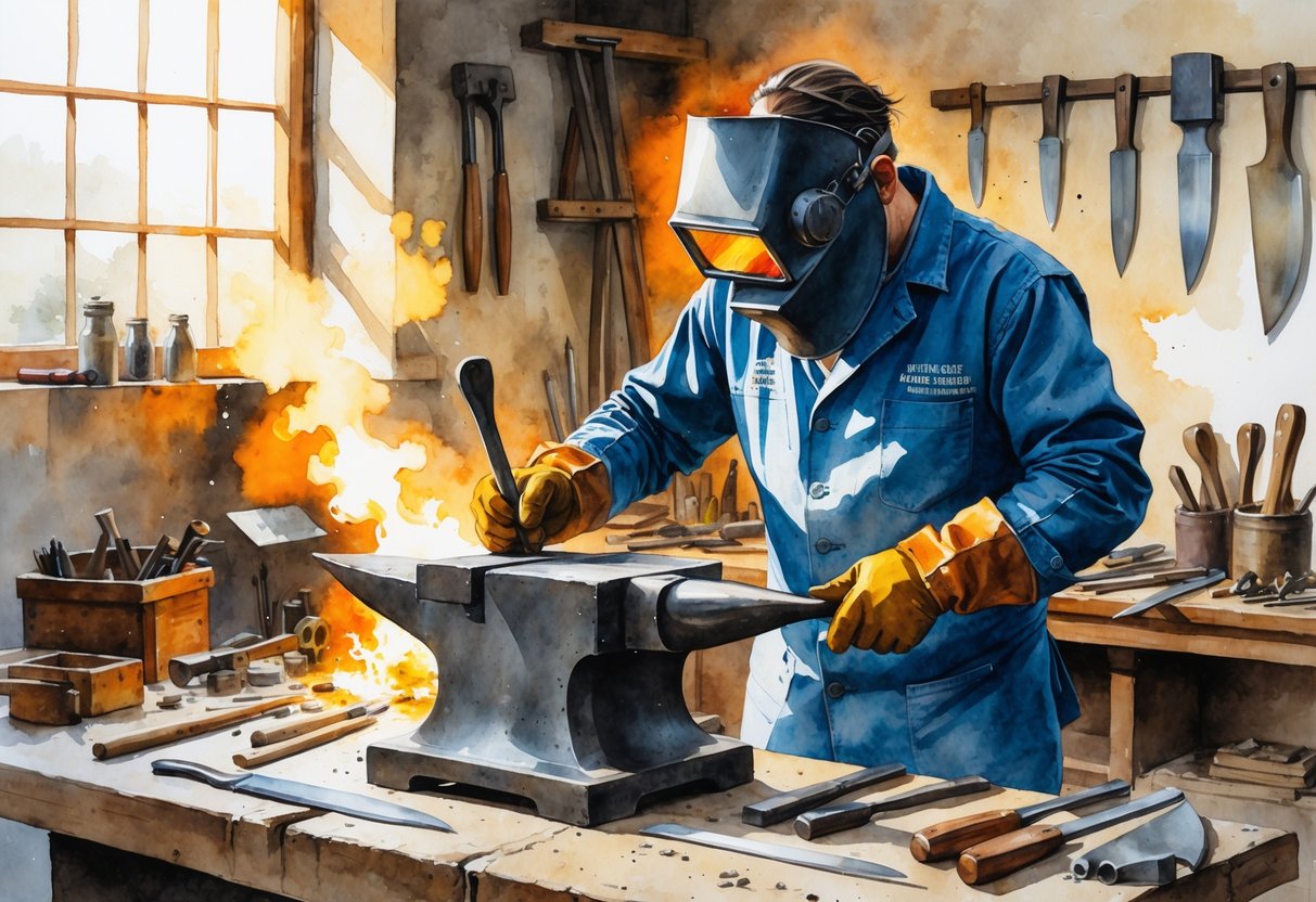 A welder shaping a knife blade on an anvil in a workshop filled with tools and a glowing forge.