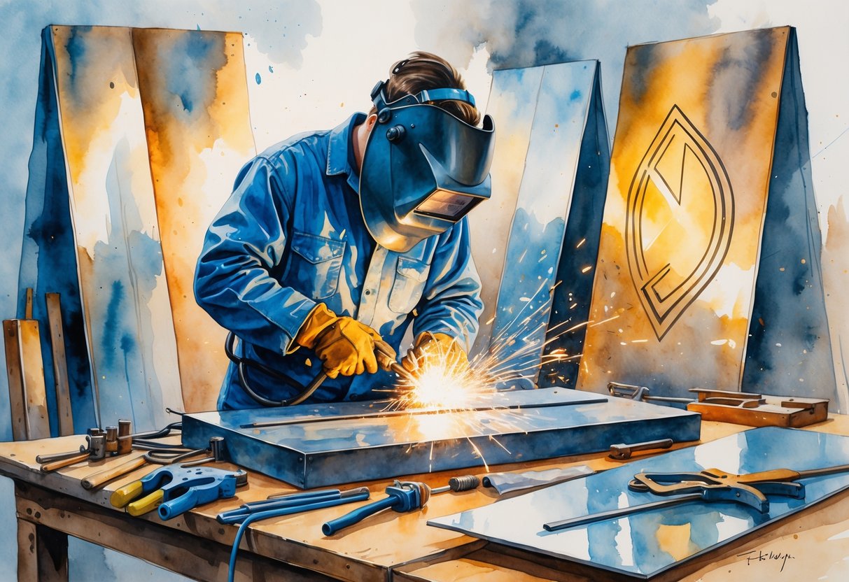 A welder in protective gear working on a metal sign in a workshop filled with tools and metal materials.