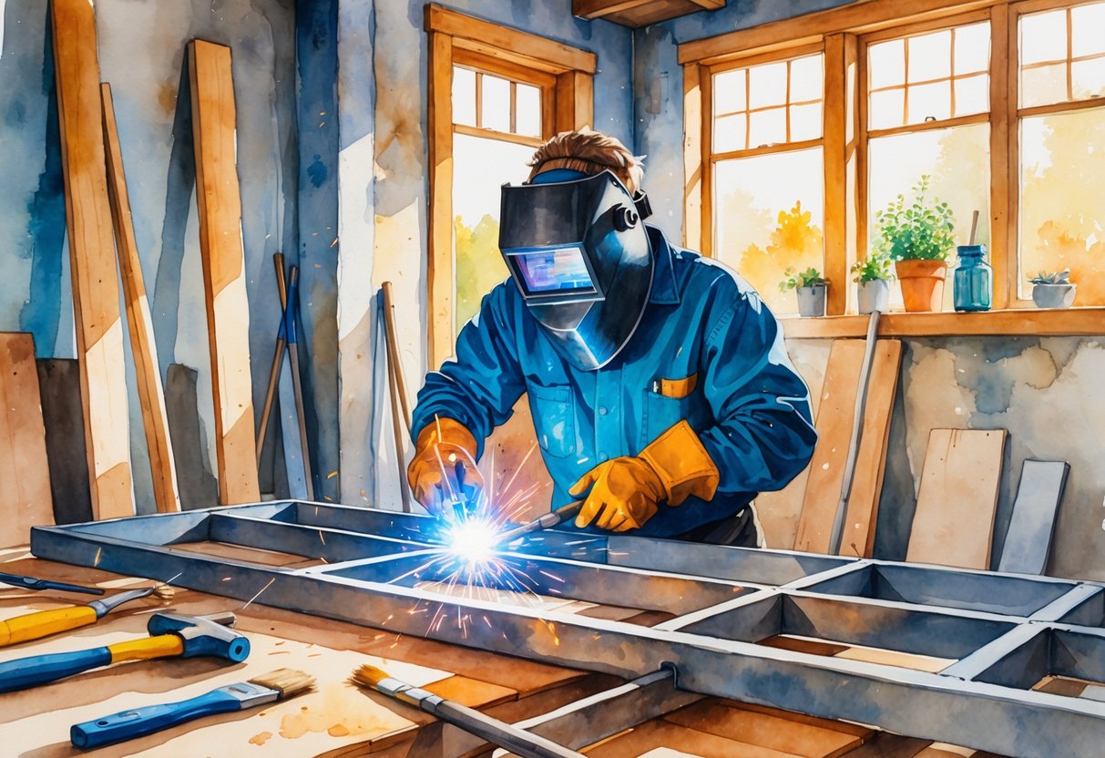 A person wearing protective gear welding a metal frame inside a partially renovated room filled with tools and materials.