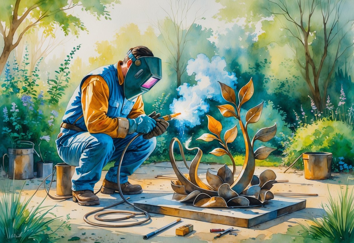 A person wearing protective gear welding a metal garden sculpture surrounded by plants and tools in an outdoor garden.