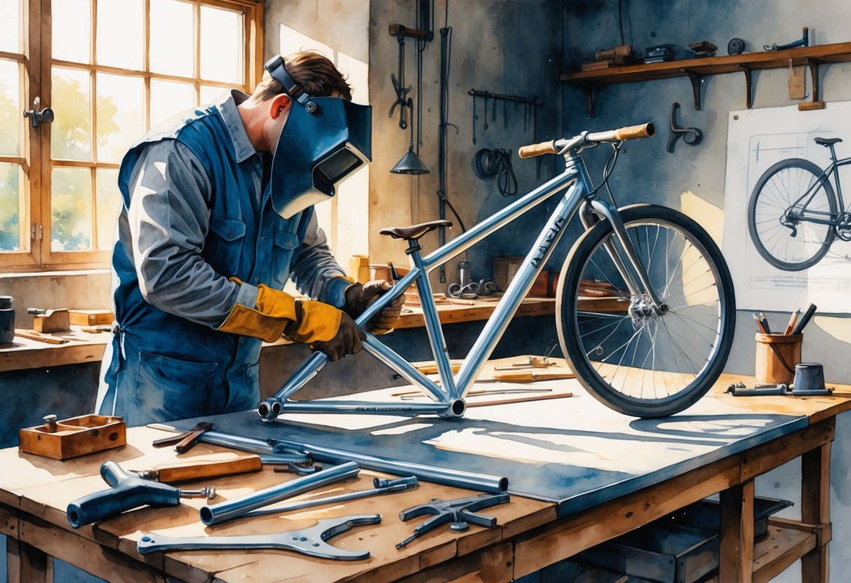A person welding and assembling a bicycle frame in a workshop surrounded by tools and bicycle parts.