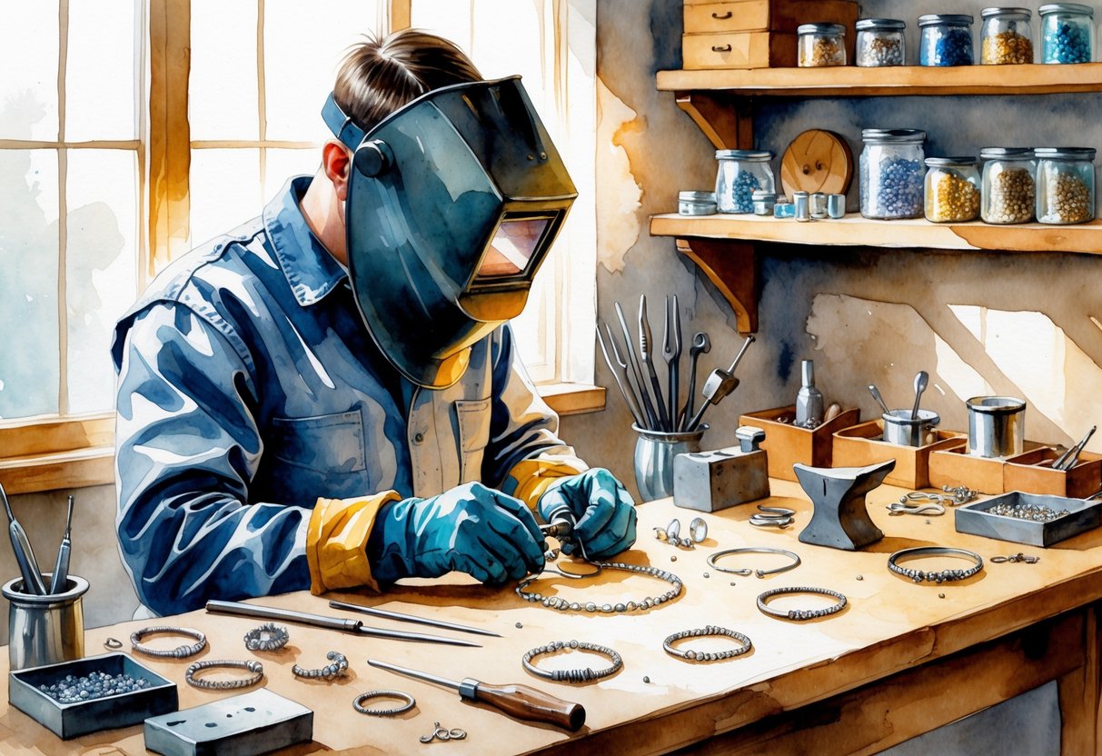 A person working with metal tools to create jewelry on a wooden workbench surrounded by jewelry-making materials.