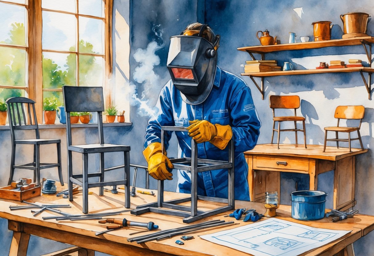 A person wearing protective gear welding a metal chair frame in a workshop filled with handmade metal furniture and tools.