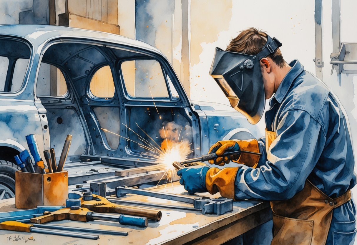 A welder in protective gear working on a car's metal frame in a workshop surrounded by tools and equipment.