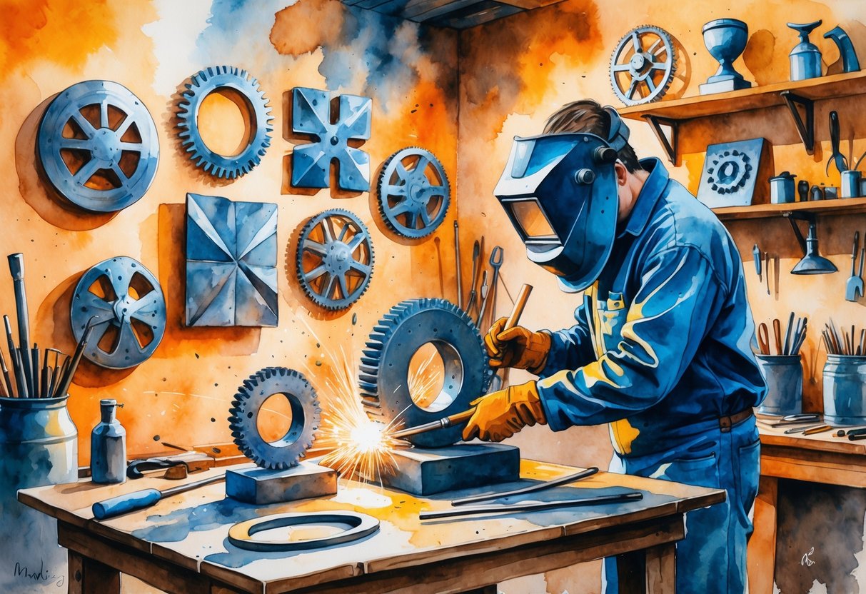 A person wearing protective gear working on a metal sculpture in a workshop filled with various metal art pieces and tools.