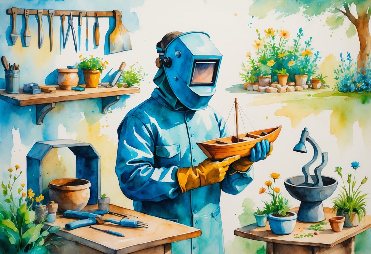 A welder in protective gear holding a wooden model boat and paintbrush, surrounded by scenes of gardening, pottery, metal sculpture, and a workshop with tools.
