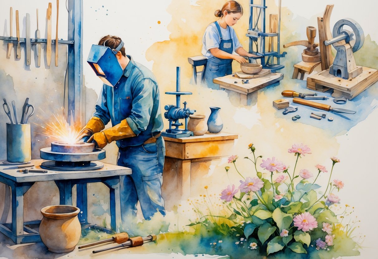 A person welding in a workshop surrounded by scenes of pottery making, wood carving, model building, and gardening.