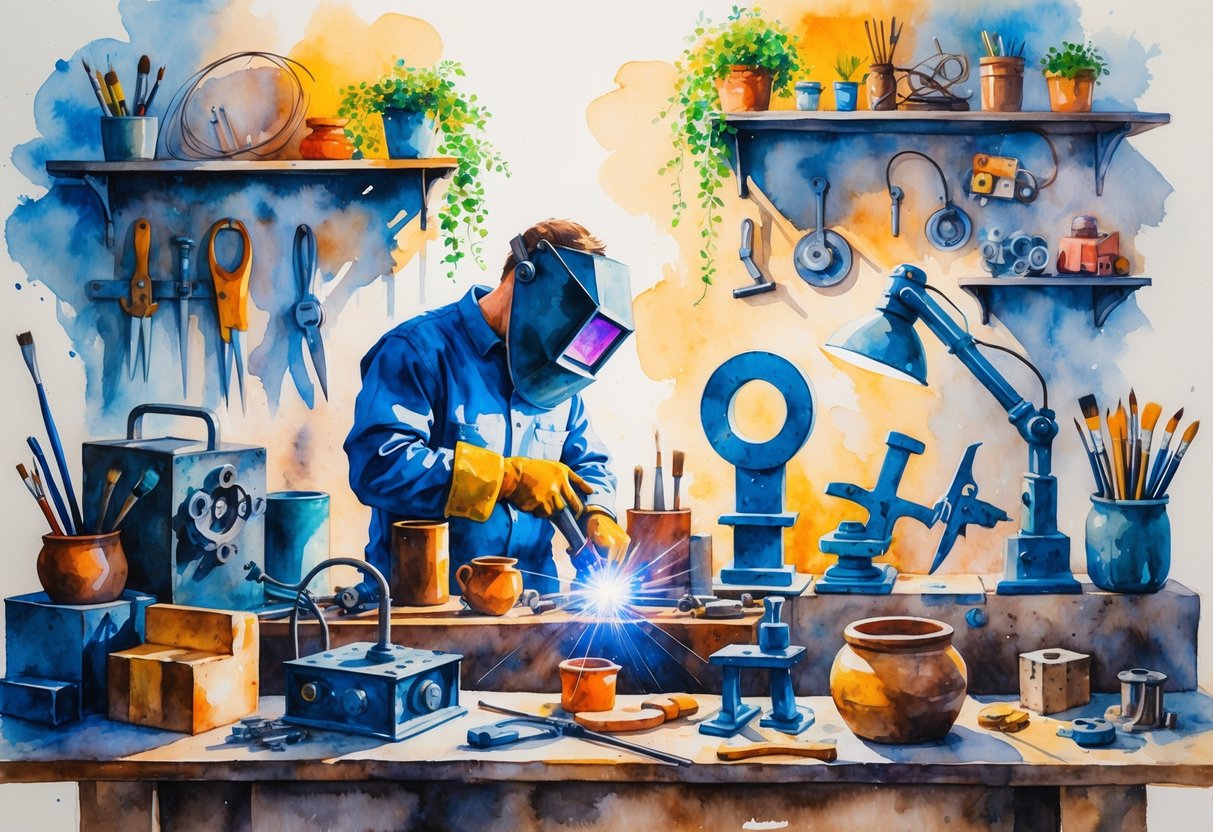 A workshop filled with welding tools, metal sculptures, wooden carvings, pottery, and hobby supplies arranged on shelves and tables.