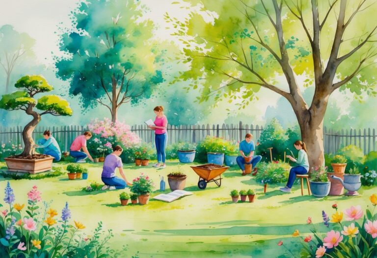 A peaceful garden scene showing people engaged in various hobbies like pruning plants, planting flowers, sketching, reading, composting, painting, doing yoga, birdwatching, repairing tools, and relaxing by a fire pit.