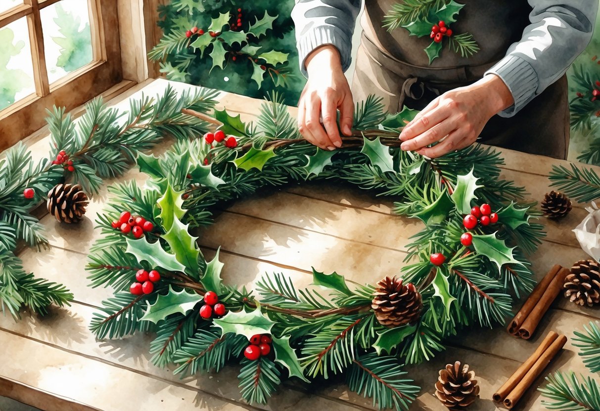Hands creating a Christmas wreath on a wooden table surrounded by pine branches, berries, and natural decorations.