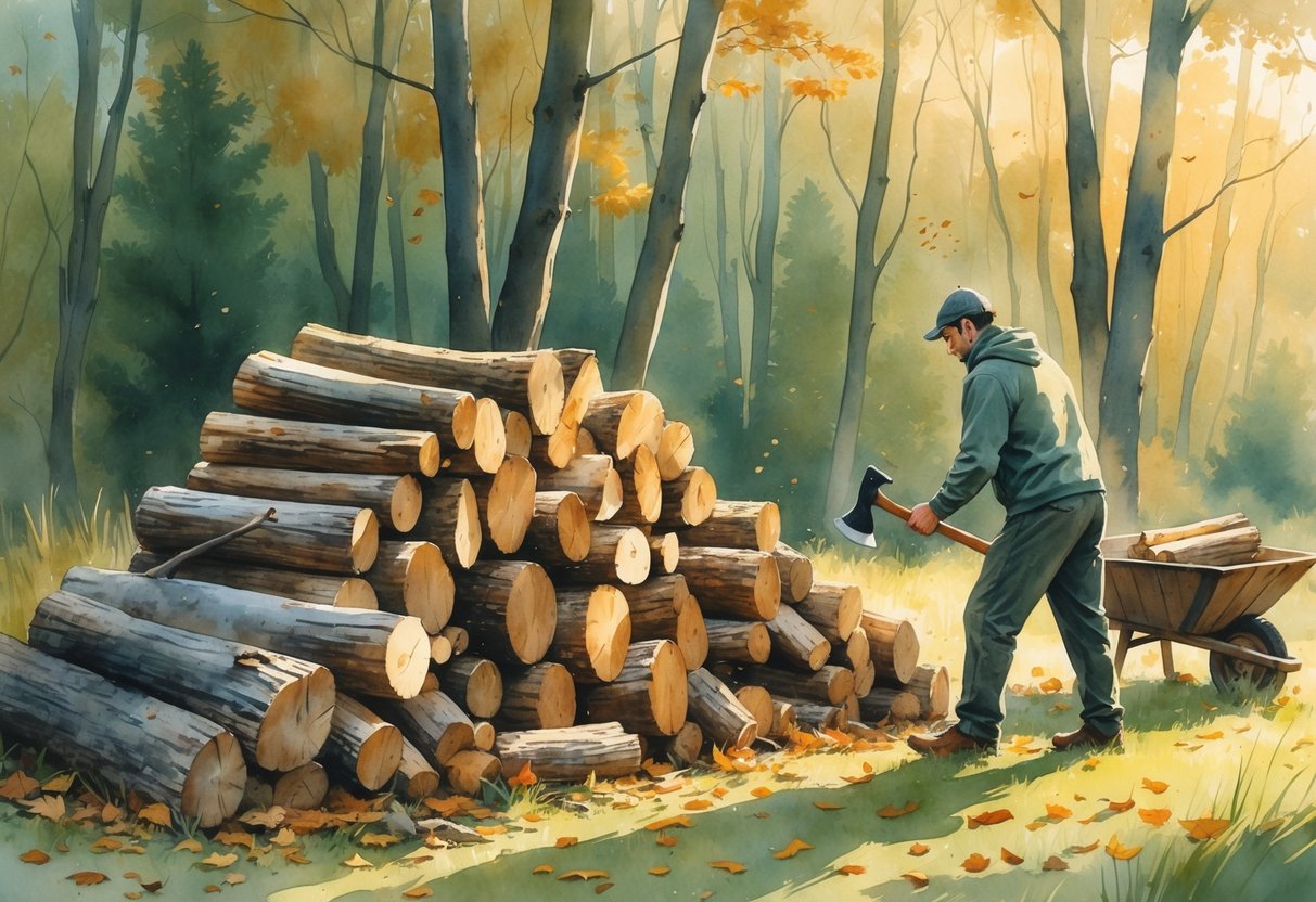 A person splitting firewood near a stacked pile of logs in a forest clearing with fallen leaves on the ground.