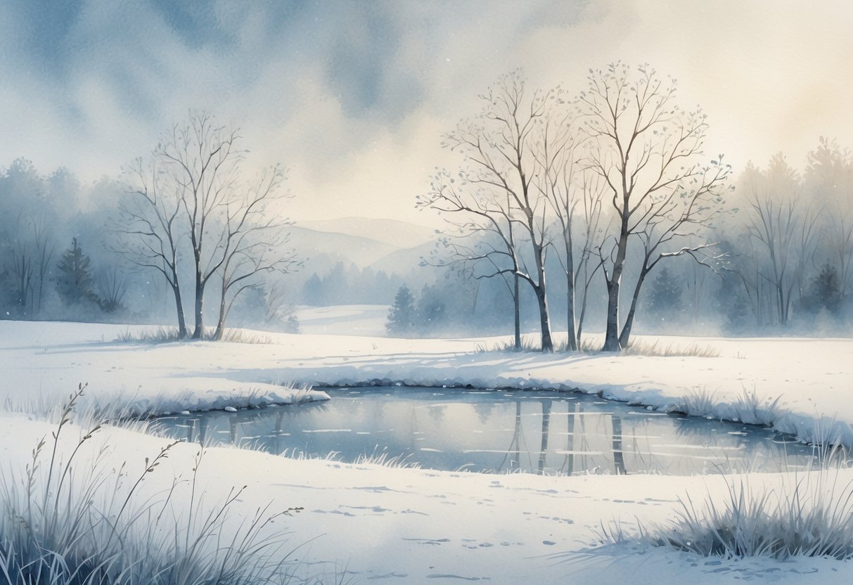 A peaceful snowy landscape with bare trees, a frozen pond, and snow-covered fields under a cloudy sky.