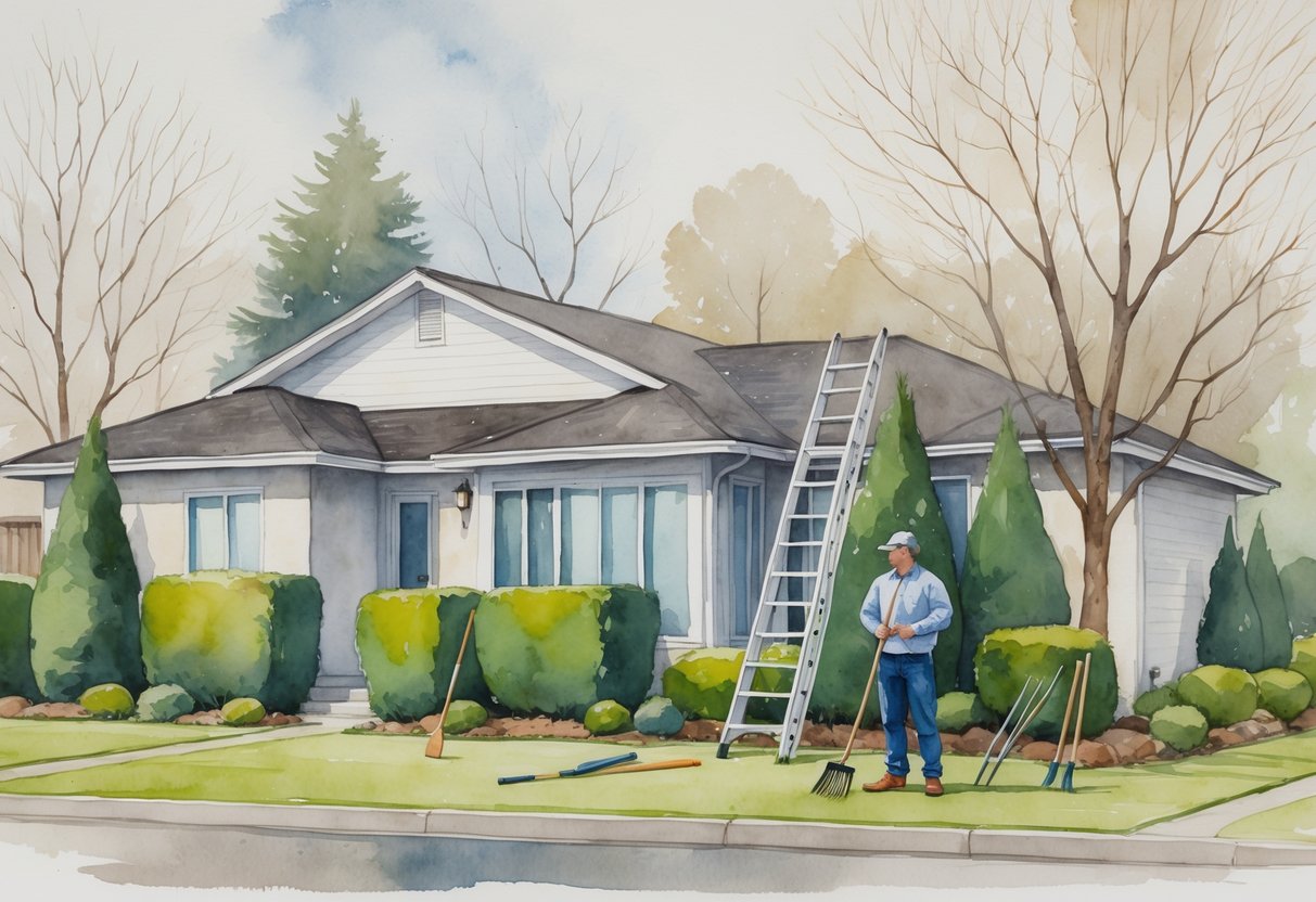 A landscaper standing next to a ladder by a house with clean gutters, surrounded by leafless trees and gardening tools in a quiet backyard.