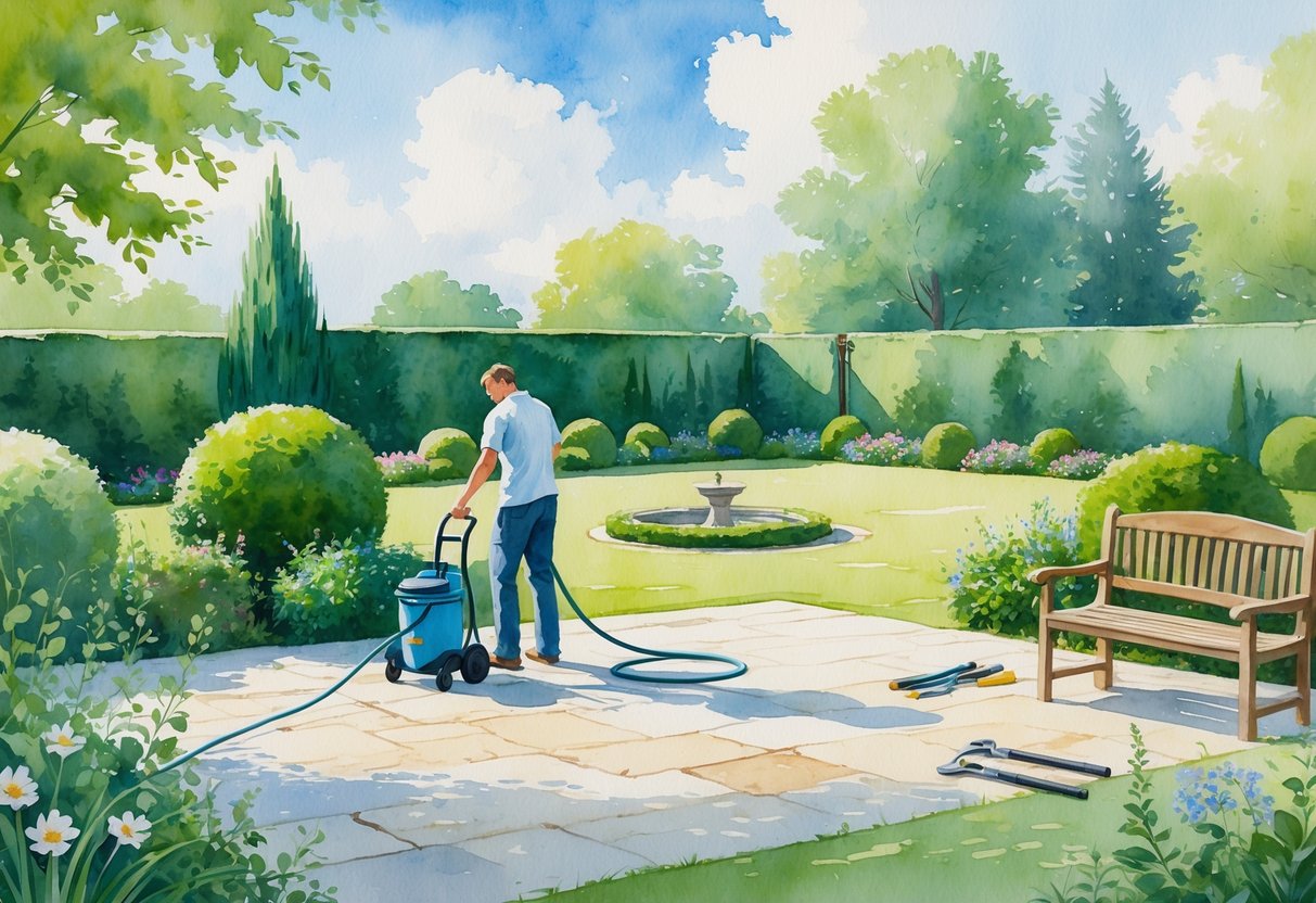 A person pressure washing a stone patio surrounded by plants and gardening tools in a peaceful garden setting.