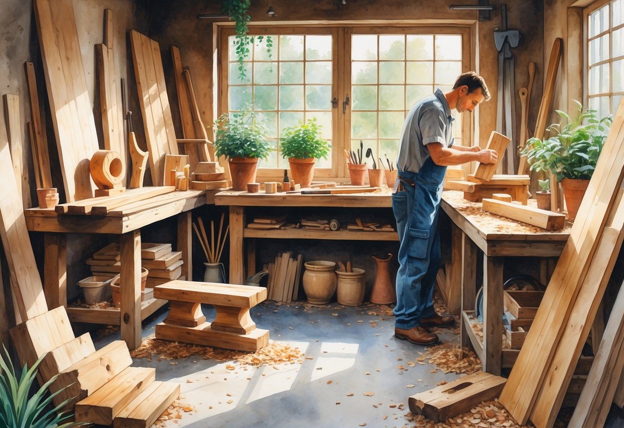 A woodworking workshop with a person carving wood surrounded by tools, wooden projects, and plants.