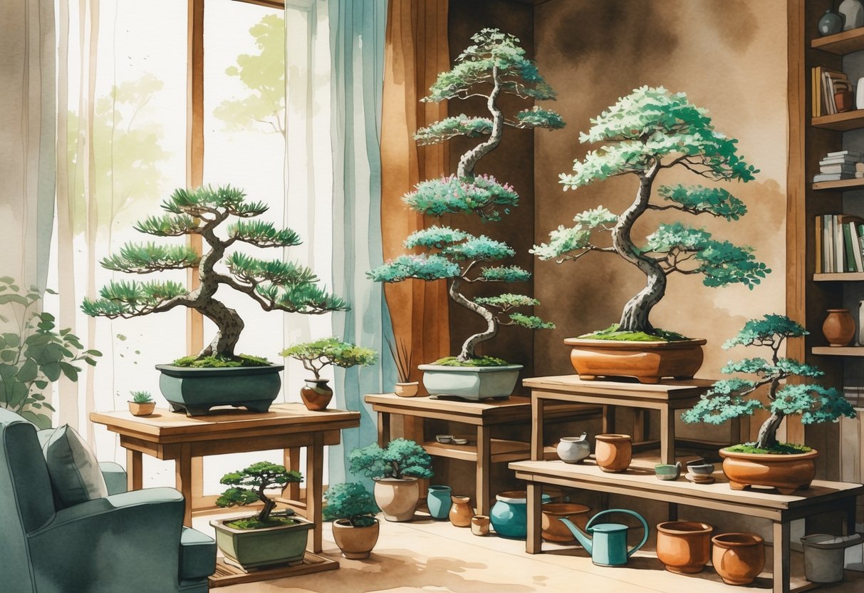 A peaceful indoor room with several bonsai trees arranged on shelves and tables near a window, surrounded by gardening tools and cozy furniture.