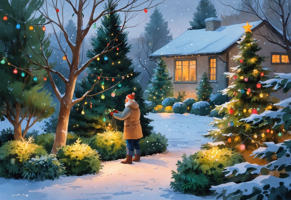 A winter garden decorated with colorful holiday lights on trees and shrubs, with a gardener hanging ornaments and snow gently falling.