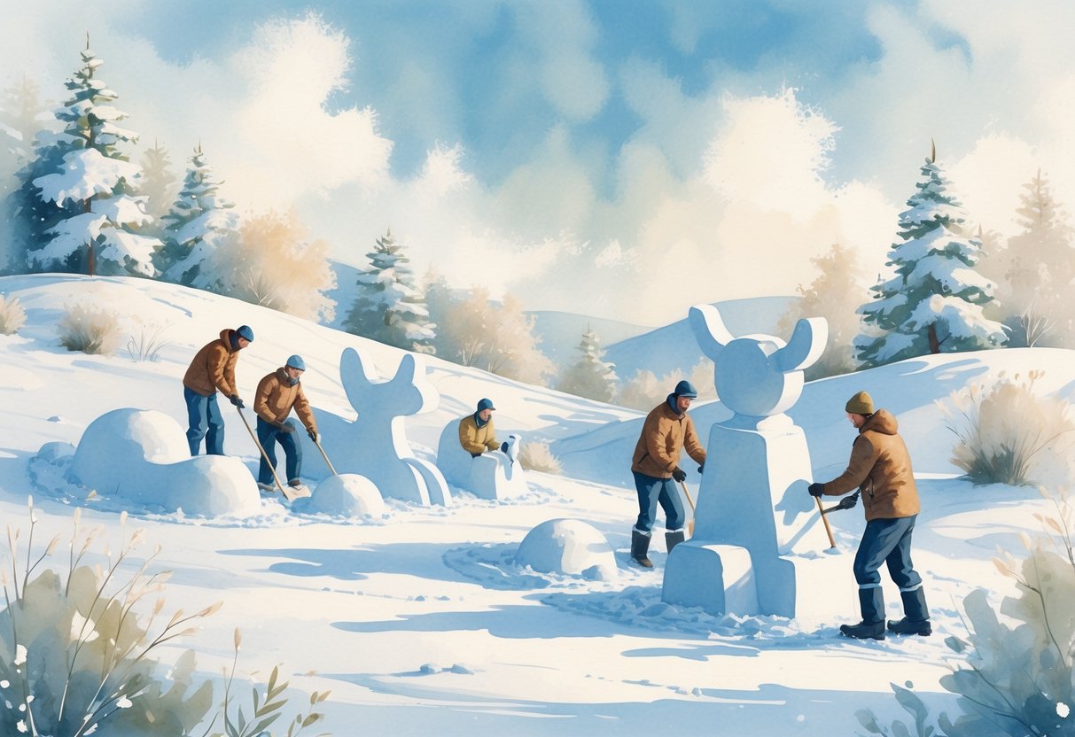 People sculpting snow outdoors in a snowy landscape with trees and hills.