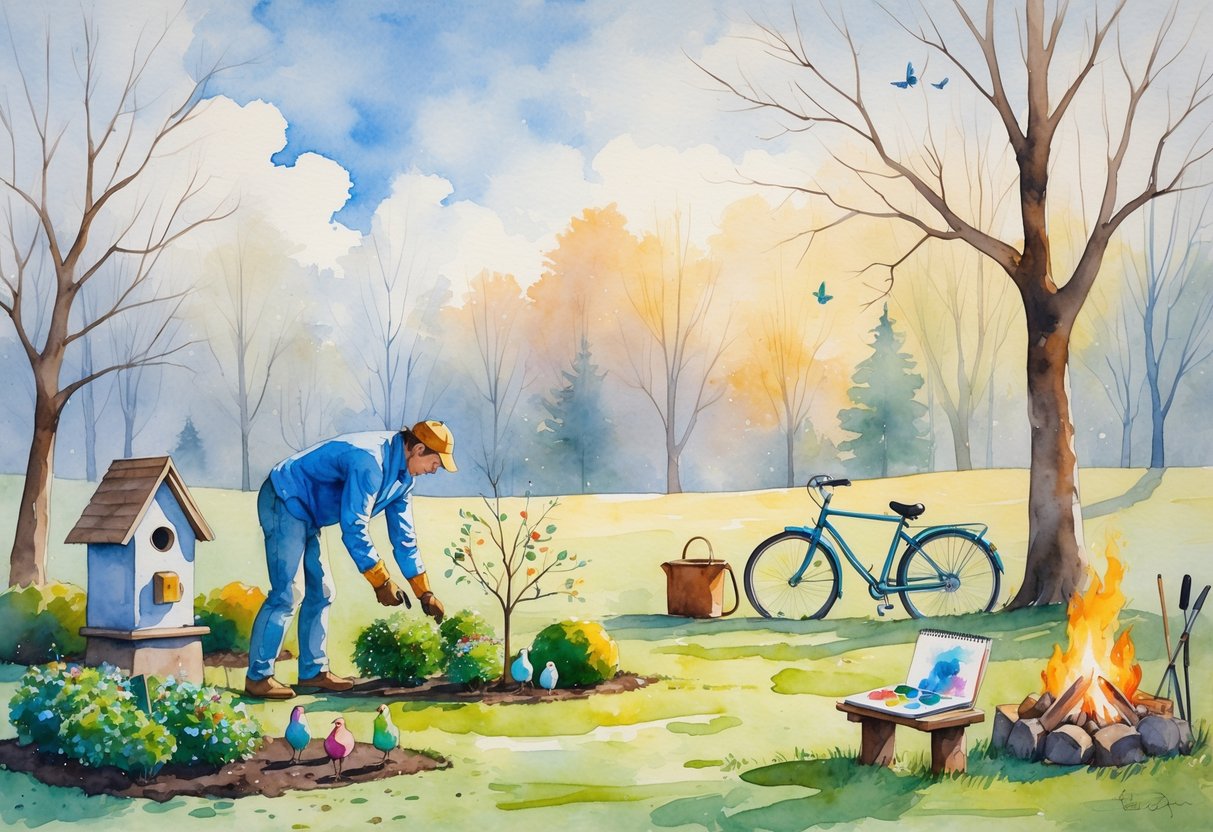 A person gardening and enjoying outdoor hobbies in a quiet garden with bare trees and soft sunlight.