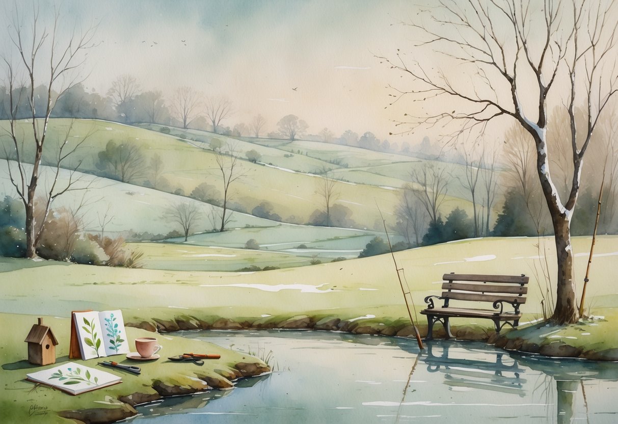 A peaceful countryside scene with rolling hills, bare trees, a pond, a wooden bench, and items representing hobbies like a sketchbook, gardening gloves, a birdhouse, and a fishing rod.