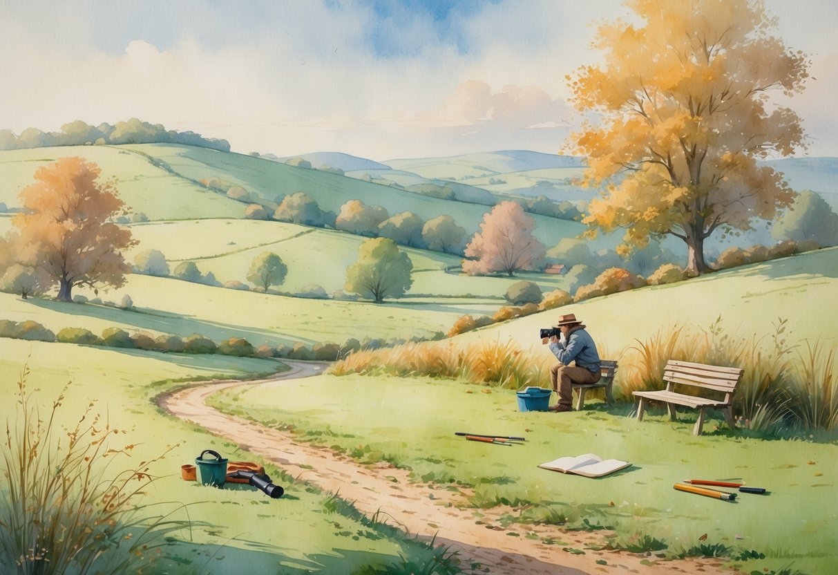 A person enjoying birdwatching on a peaceful countryside path with rolling hills, trees, and a wooden bench nearby.