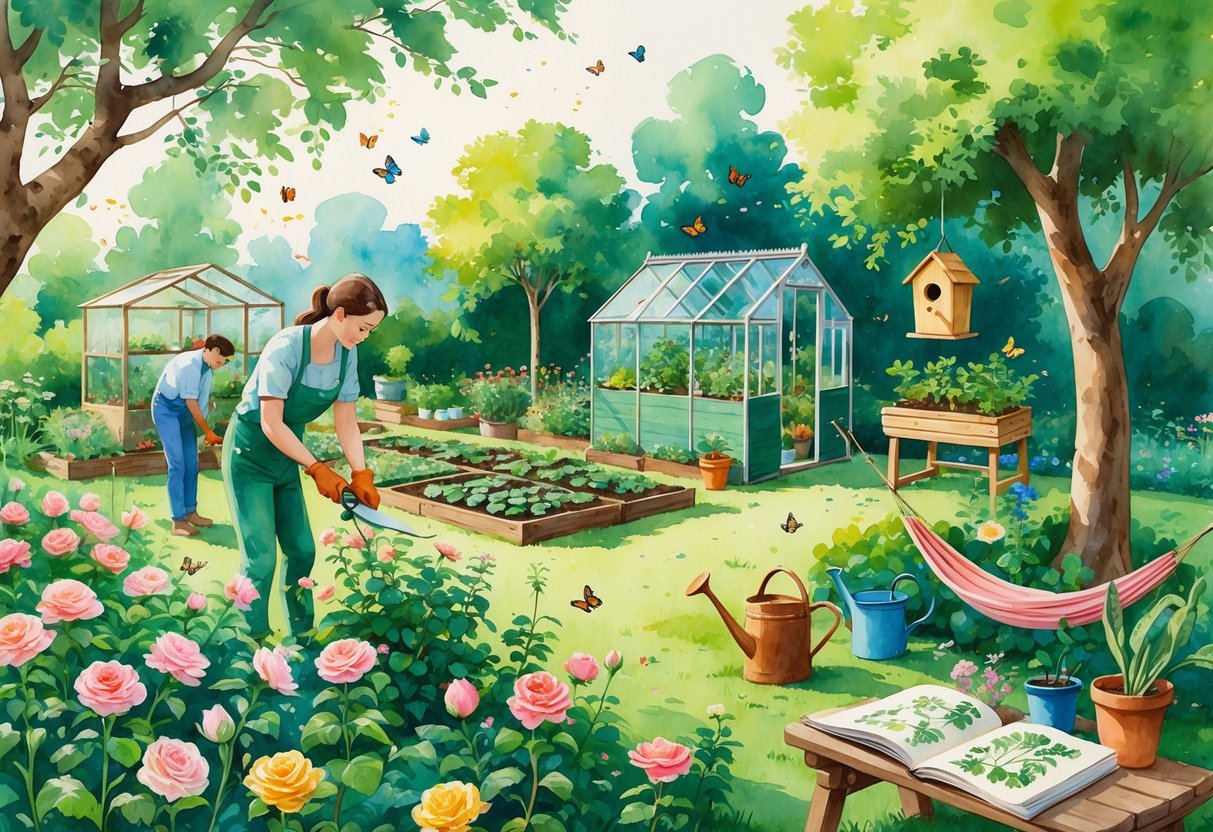 A peaceful garden with people pruning flowers, planting seeds, a greenhouse, birdhouse, garden tools on a bench, and butterflies flying around.