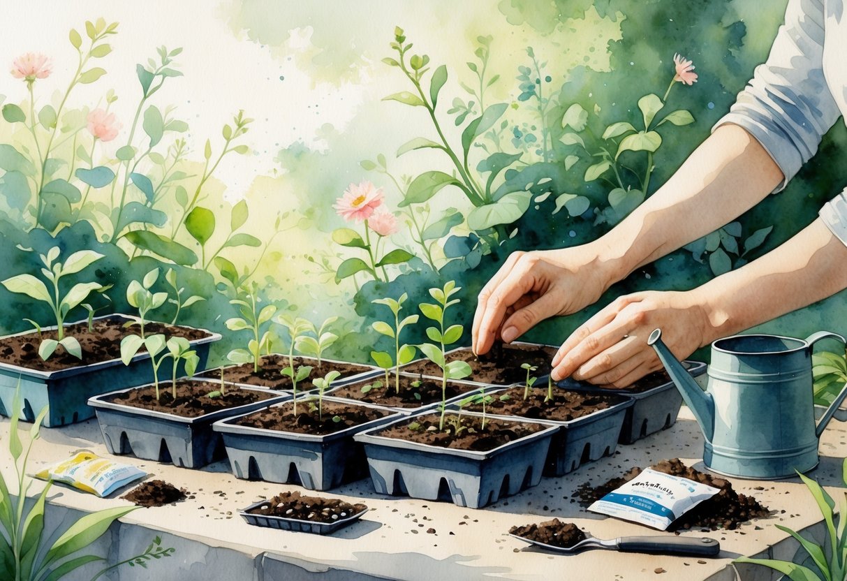 Hands planting seeds in small trays with young seedlings growing, surrounded by gardening tools and plants.