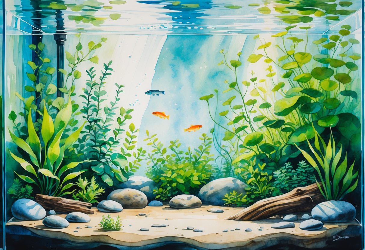 An underwater garden with green aquatic plants, colorful fish, stones, and driftwood inside a clear aquarium.