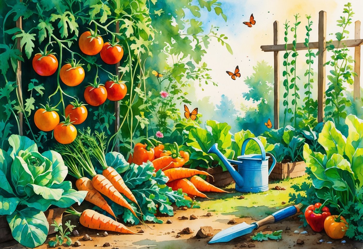 A vegetable garden with tomatoes, carrots, lettuce, and peppers growing alongside garden tools and a trellis with climbing plants, surrounded by butterflies and bees.