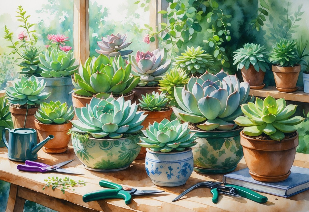 A table with various healthy succulents in pots, gardening tools, and soft natural light coming through a window.