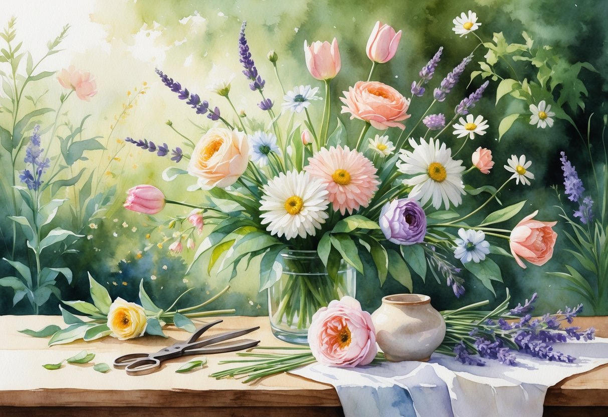 A table with various fresh flowers, scissors, and a vase, set against a background of green garden plants.