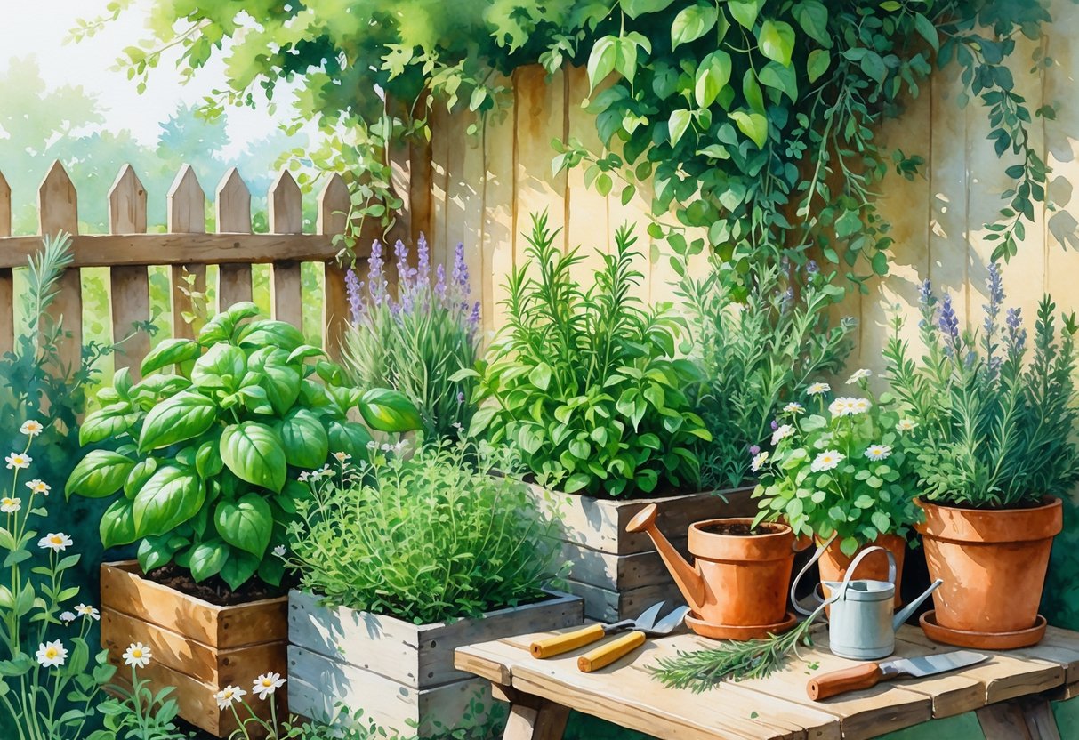 A garden scene with various herb plants growing in pots and planter boxes, gardening tools on a wooden table, and a wooden fence with climbing vines in the background.
