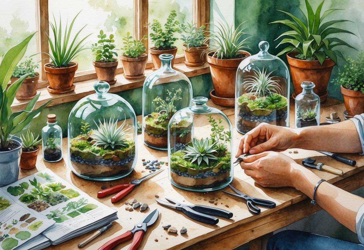 Hands arranging small plants inside glass terrariums on a wooden table surrounded by gardening tools and potted plants.