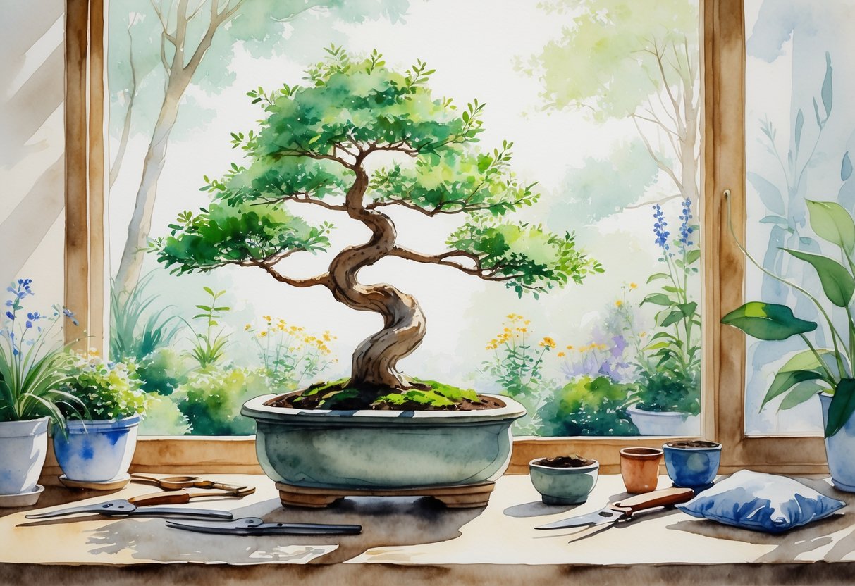 A small bonsai tree on a wooden table with gardening tools, set against a background of a peaceful garden.