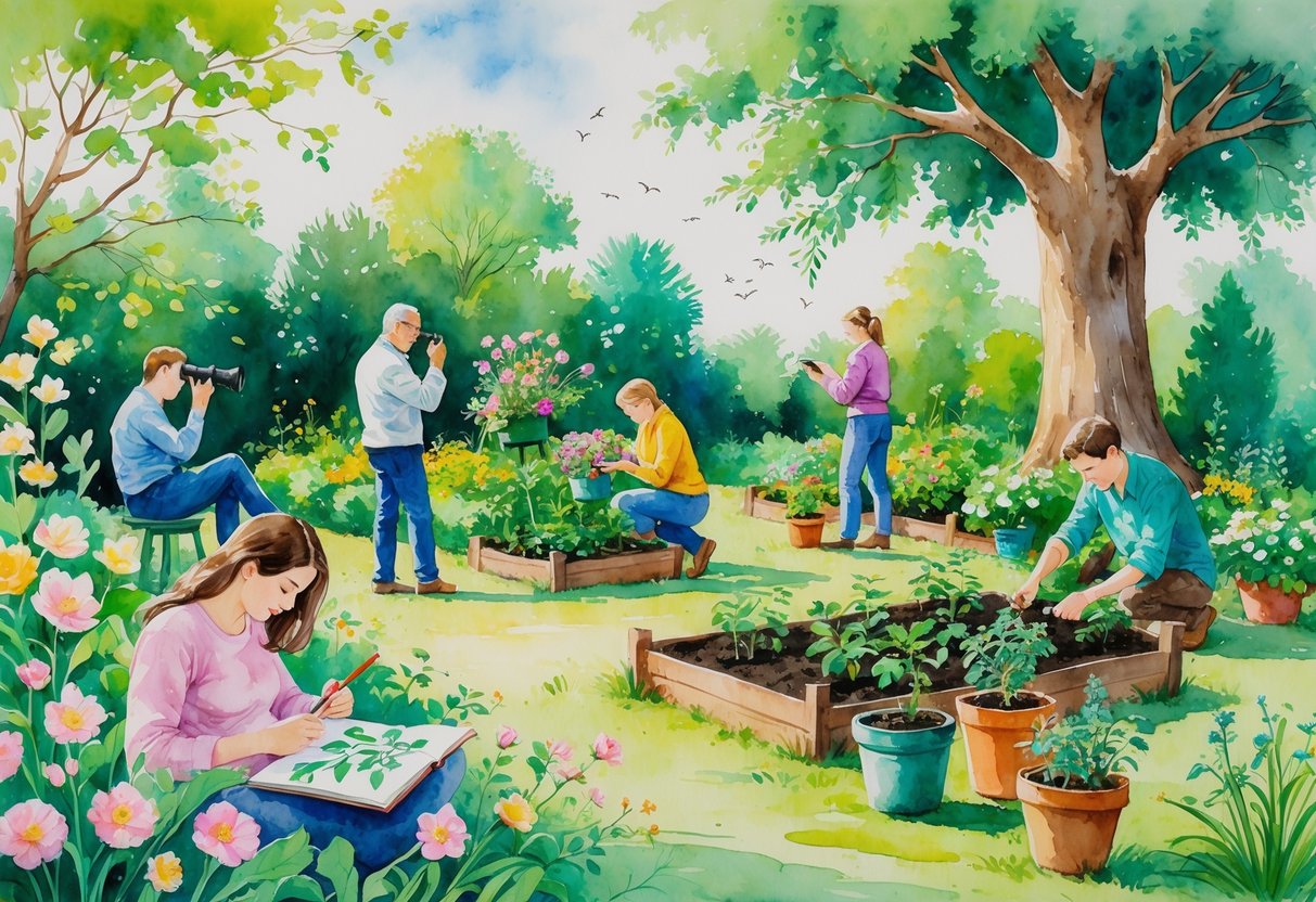 A peaceful garden scene with people sketching plants, arranging flowers, planting vegetables, birdwatching, and reading among trees and flowers.
