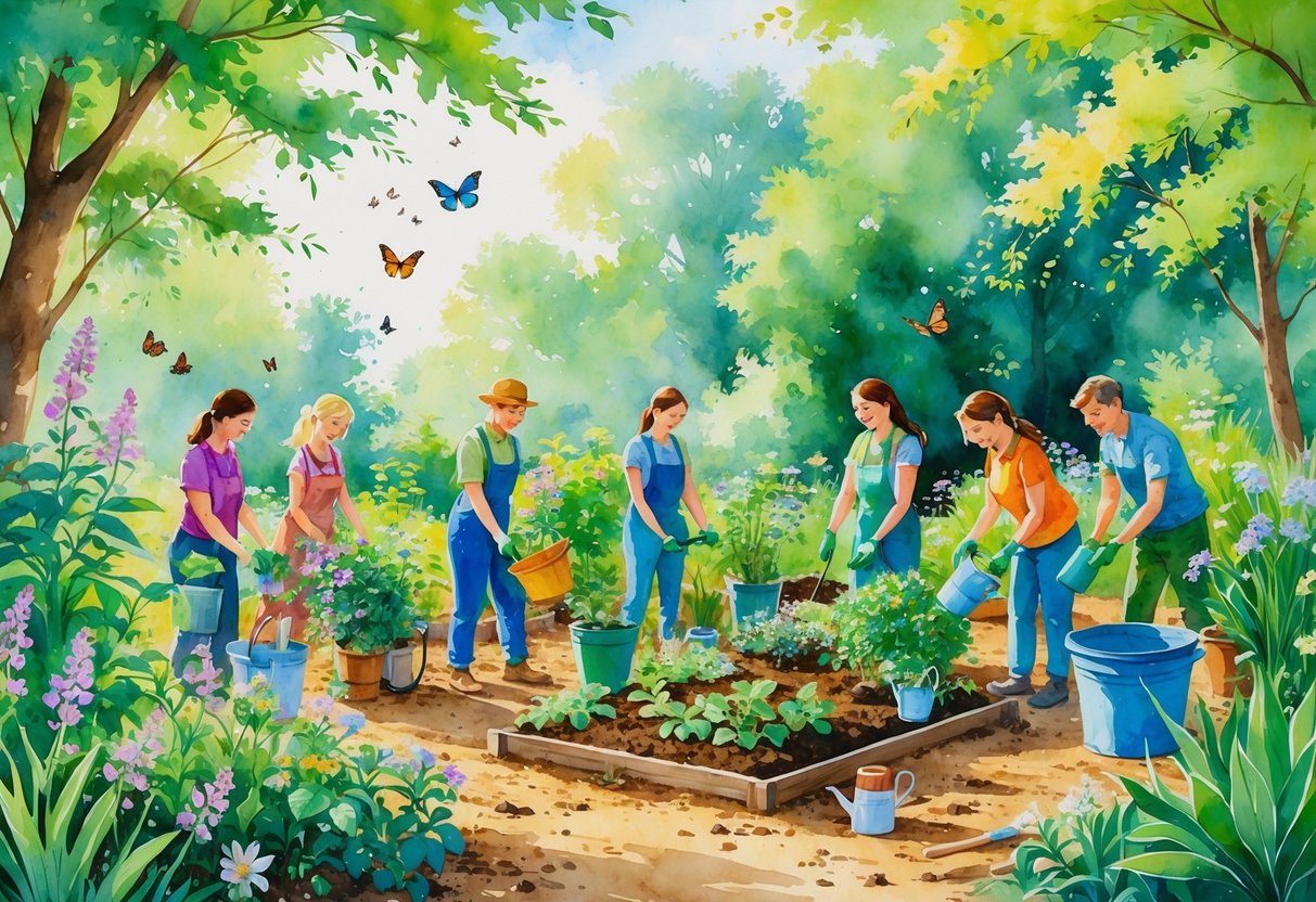 A peaceful garden scene with people planting flowers, composting, tending vegetables, and setting up rainwater collection surrounded by lush plants and pollinators.
