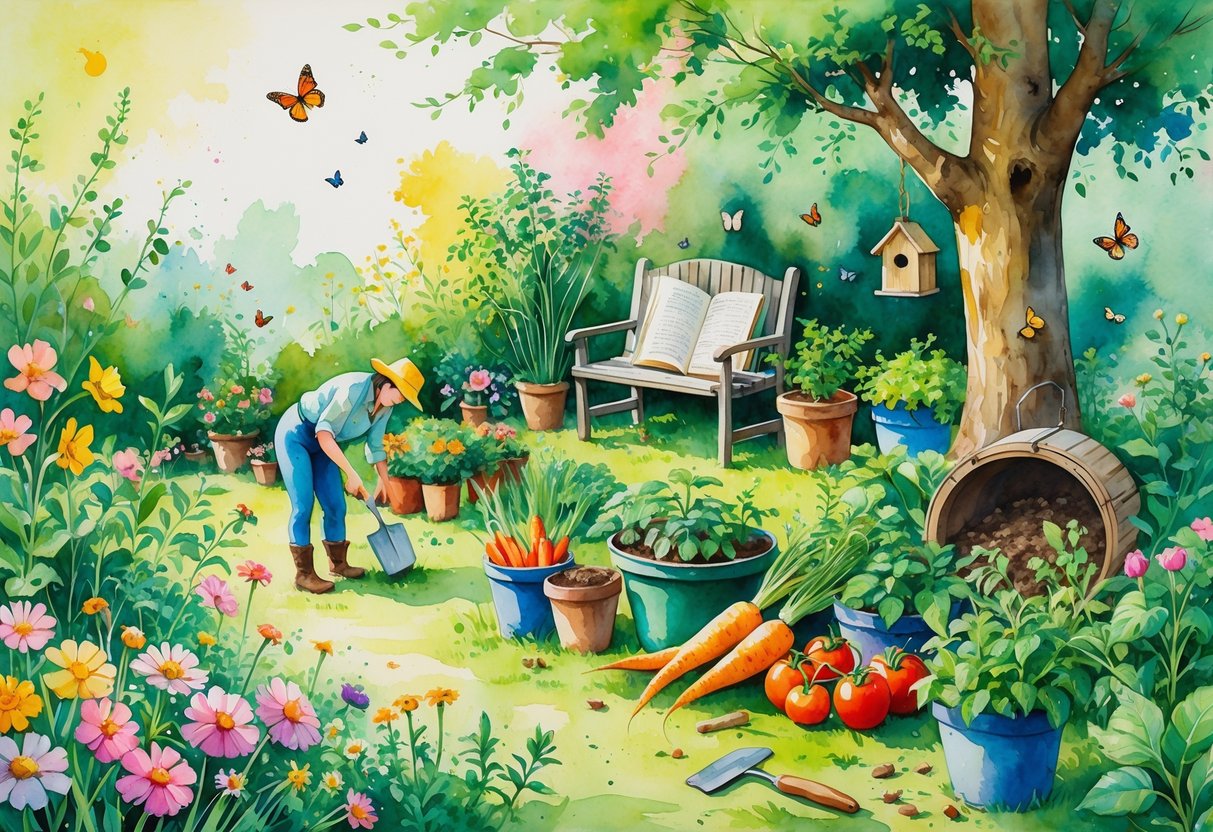 A peaceful garden scene with a person tending to flowers, vegetable plants, gardening tools, a garden bench with a book, and butterflies flying around.