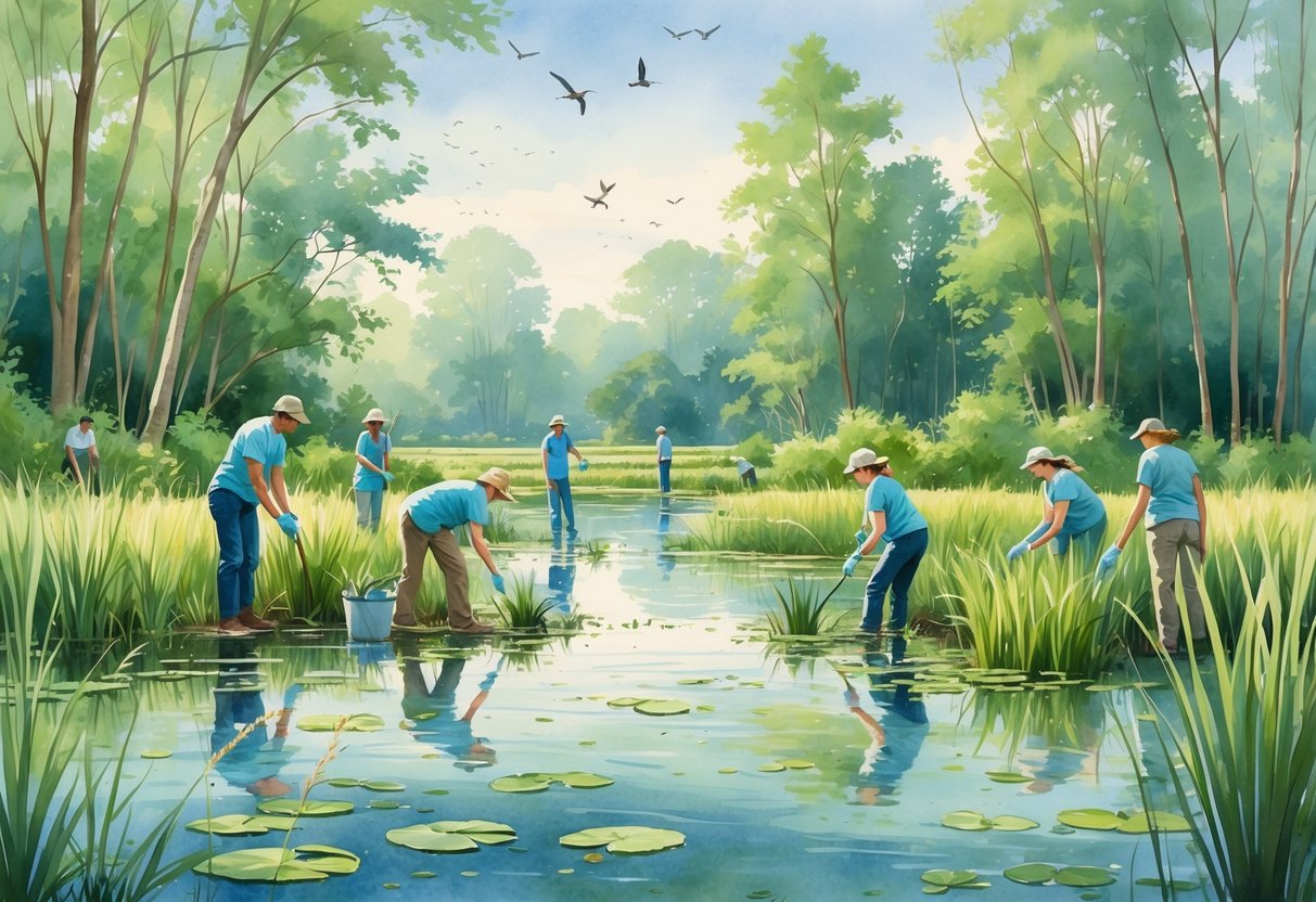 Volunteers planting native plants near calm water in a lush wetland with birds and trees around.