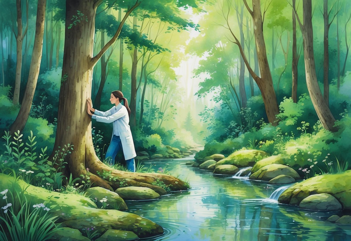 A person standing quietly in a lush forest near a flowing stream, surrounded by tall trees, birds, and wildflowers.