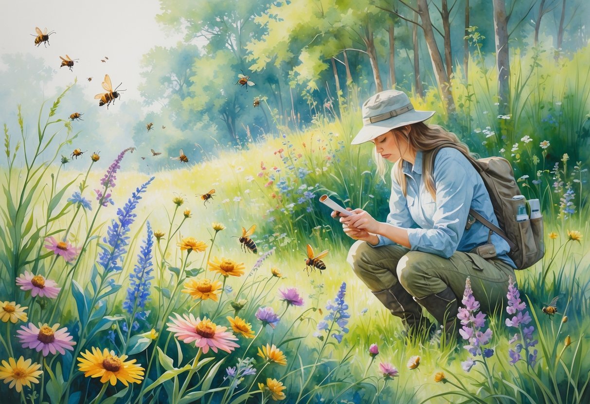 A person observing bees and butterflies on wildflowers in a lush natural setting with trees and sunlight.